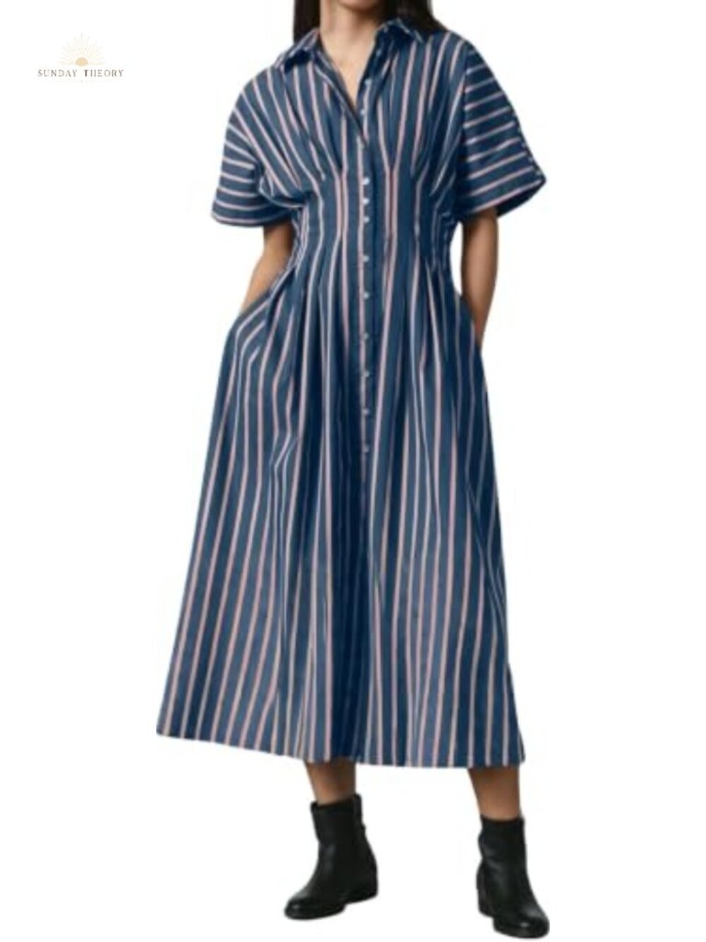 Striped Shirt Dress Button Down Pleated Maxi Summer Casual